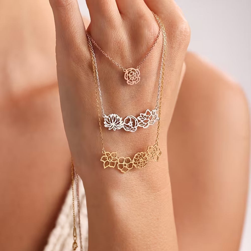 Birth Flower Necklace - Gepersonaliseerde geboortebloemen ketting van roestvrij staal,