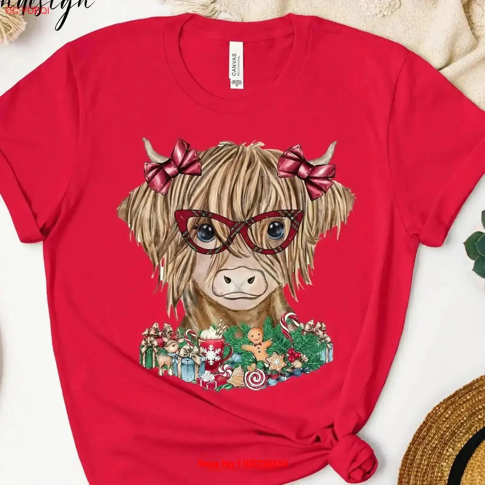 Family Tree Print - Kerst Highland Cow T-shirt Vrolijk Grappig